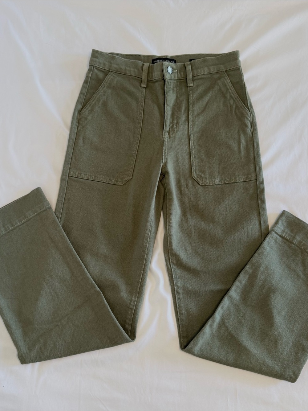 Modern American Straight-Leg Utility Jeans in Olive Green Size 26